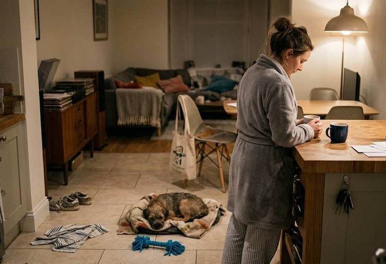 Woman in a dressing gown standing in a softly lit European home with a small dog resting nearby and everyday clutter around
