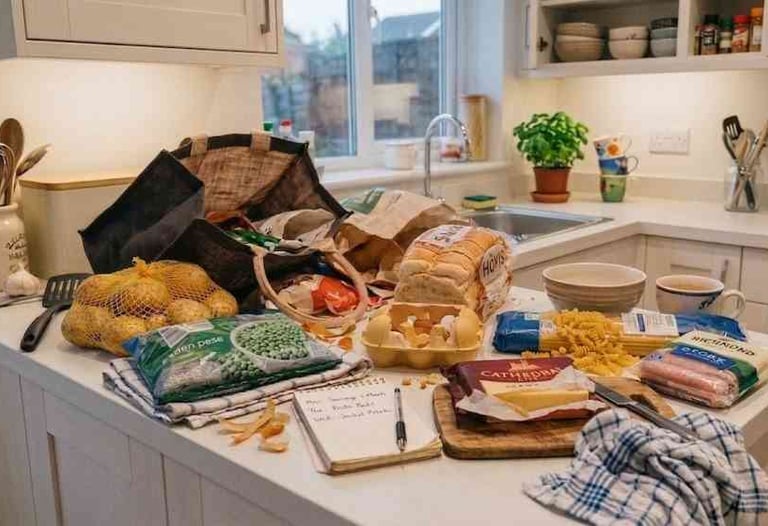 Affordable weekly food shop spread across a cosy UK kitchen counter with simple everyday groceries