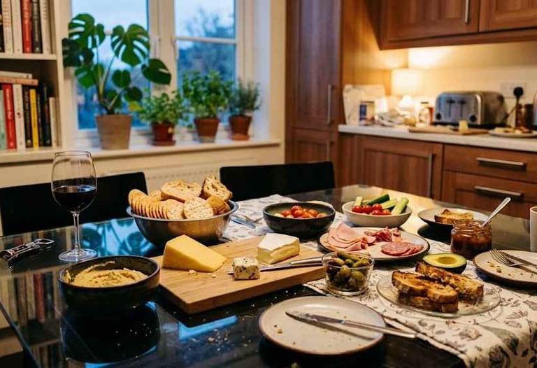 Casual picky tea dinner with cheese, crackers, toast and leftovers on a kitchen table in a warm evening home setting