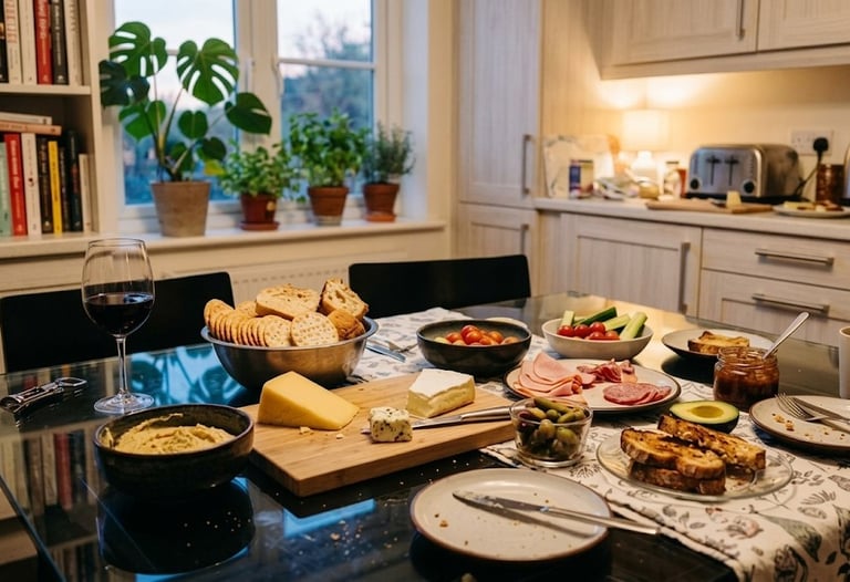 Casual picky tea dinner with cheese, crackers, toast and leftovers on a kitchen table in a warm evening home setting