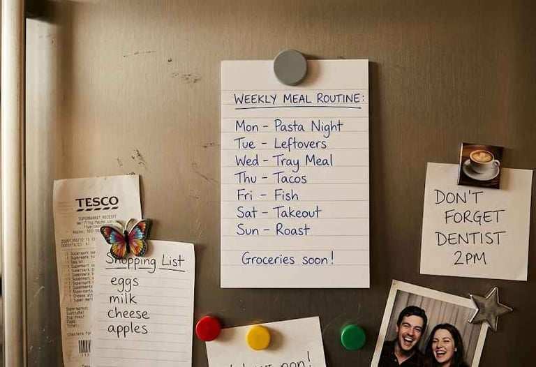 Handwritten weekly meal plan on a fridge with shopping list and notes in a home kitchen