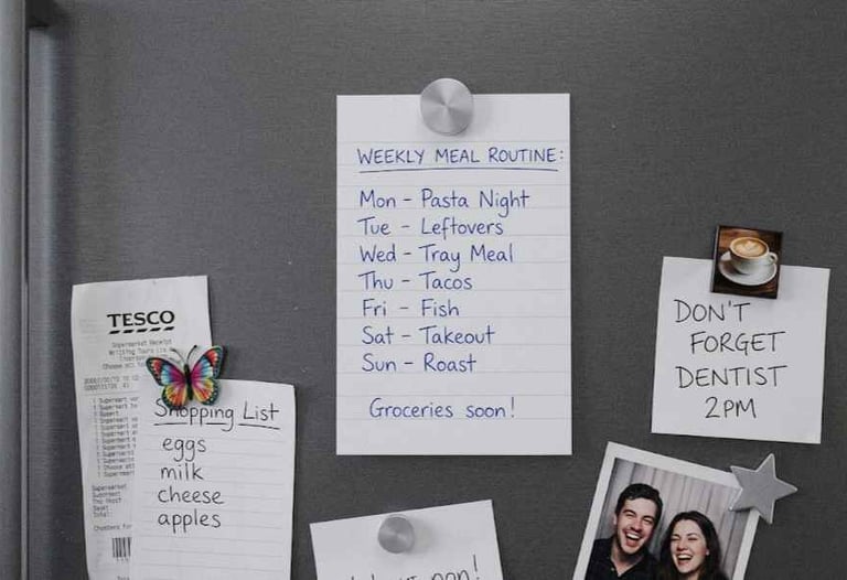 Handwritten weekly meal plan on a fridge with shopping list and notes in a home kitchen