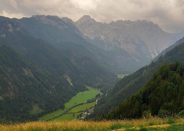 A scenic view of a lush green valley nestled between steep, forested alpine mountains under a cloudy sky.