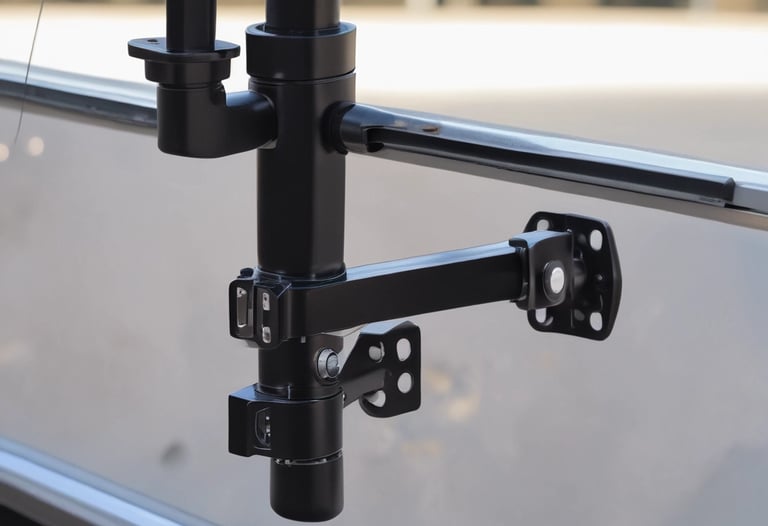 A small, modern teardrop trailer with a white body and bright yellow accents is parked on a grassy area. The trailer features a curved shape, a small window with a yellow frame, and a circular company logo displayed on its side. The trailer is attached to a vehicle that is partially visible.