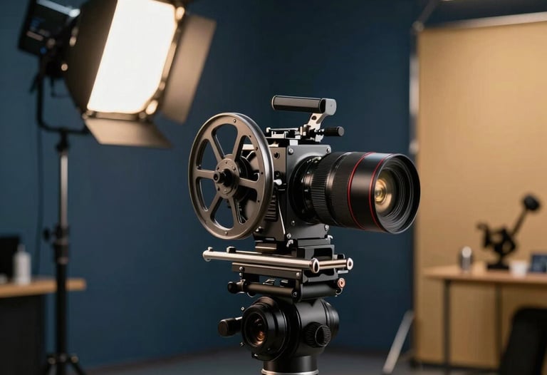 A modern film production studio scene with professional lighting and equipment, using a sophisticated dark blue and gold palette.