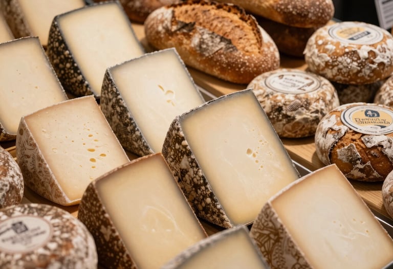 Close-up overhead shot of a modern food market display, showcasing artisanal cheeses and rustic breads under warm, focused lighting in a Northern European / North American setting.