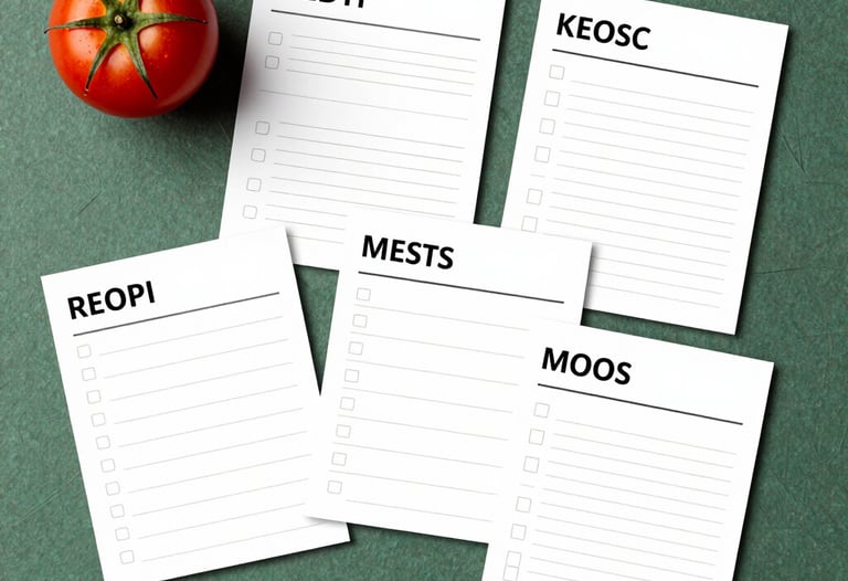 A clean, flat-lay composition of social media planning cards on a matte forest green surface, accented with a single ripe tomato, Northern European style.