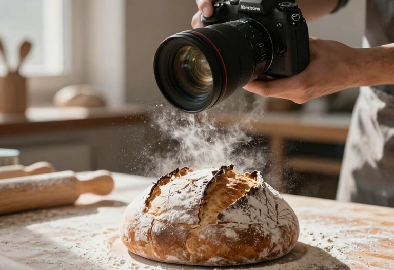 An artisanal baker dusting flour over a sourdough loaf in a sunlit workshop, captured with a professional camera lens, Northern European / North American.
