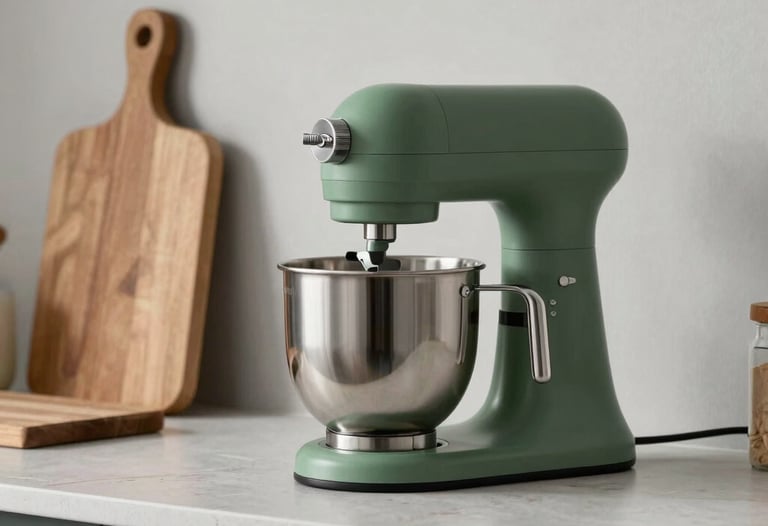 A sleek, modern kitchen counter with a matte forest green mixer and a wooden cutting board, minimalist Scandinavian design, Northern European / North American.