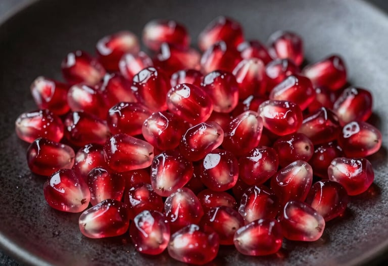 Macro photography of fresh, vibrant pomegranate seeds resting on a matte dark ceramic plate, capturing a sophisticated and moody culinary aesthetic.