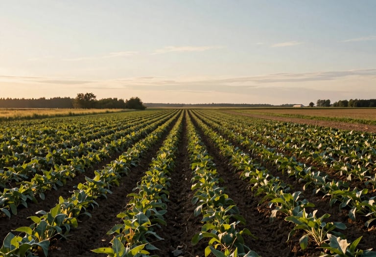 Wide-angle shot of a rustic Northern European / North American farm landscape during the golden hour, showing rows of heritage crops under a soft sky.