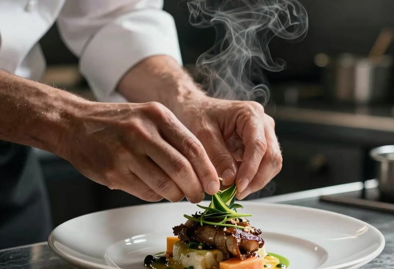A cinematic shot of a chef's hands carefully garnishing a dish in a professional kitchen, steam rising against a dark, moody background.