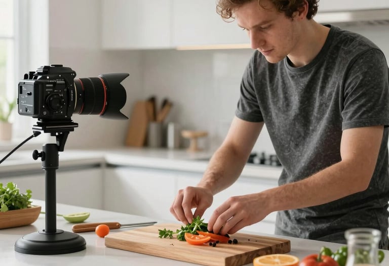 A professional content creator arranging ingredients for a food shoot, using natural side lighting in a clean, modern kitchen, Northern European / North American.