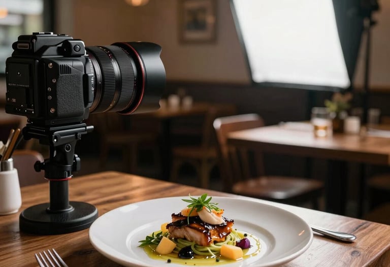 Behind-the-scenes shot of a professional lighting setup in a cozy bistro, focusing on a beautifully plated dish ready for a social media content shoot.
