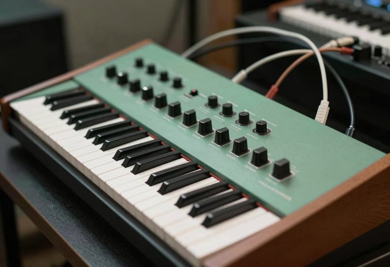 A classic analog synthesizer with many patch cables, soft sage green lighting in a dark room, technical and artistic.