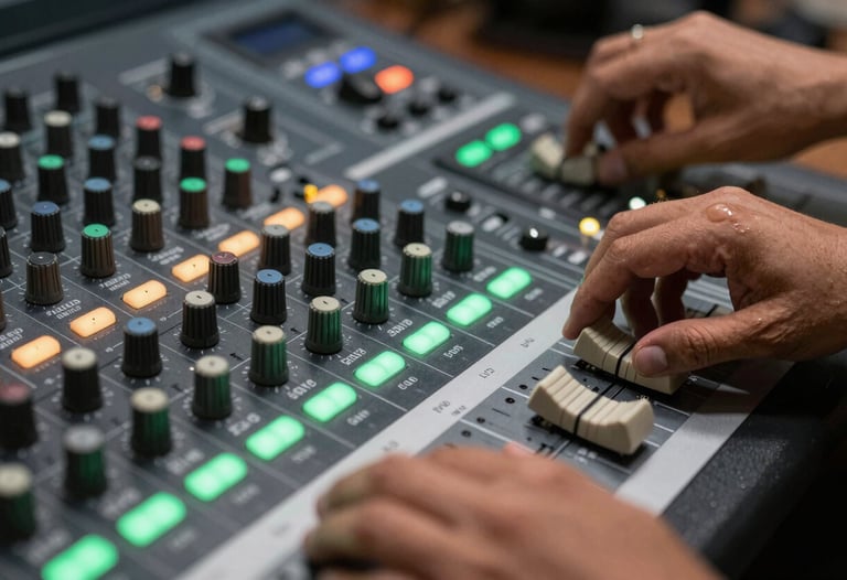 Close-up of professional audio mixing console in a studio, glowing indicators in sage green, hands adjusting knobs, Latin American context, dark charcoal backdrop.