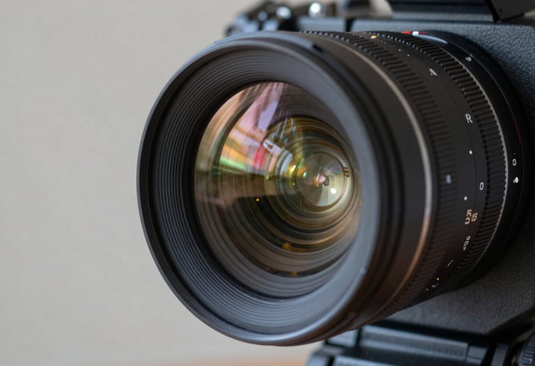 Close-up of a high-end cinema camera lens reflecting a studio light, focus on mechanical precision and professional quality.