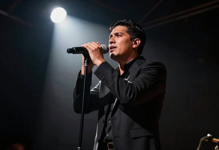 Cinematic low-angle shot of a singer under a single spotlight in a dark room, dramatic shadows, Latin American / Spanish-speaking person.