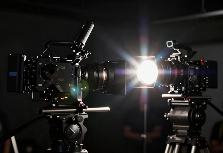 Anamorphic lens flare effect across a dark film set, professional cameras visible in silhouette, professional filmmaking atmosphere.