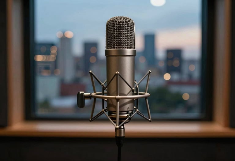 Microphone in a recording booth with a blurred Latin American city skyline in the background through a window at dusk, sophisticated atmosphere.