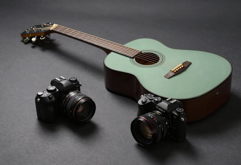 Minimalist composition of a guitar and a camera on a dark gray surface, cinematic lighting from the side, sage green accent.