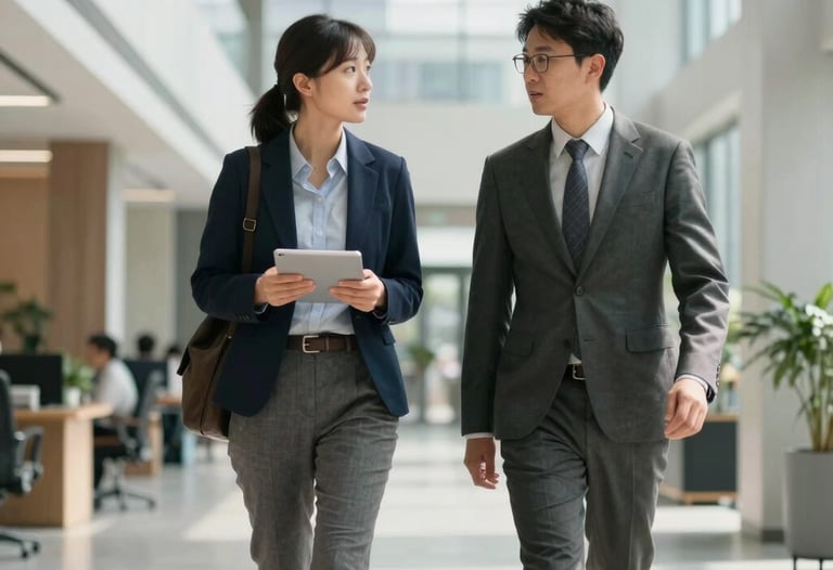 A lifestyle photography shot of two business professionals in business casual attire having a focused discussion while walking through a bright, modern office atrium in a US city. The atmosphere is professional and collaborative.