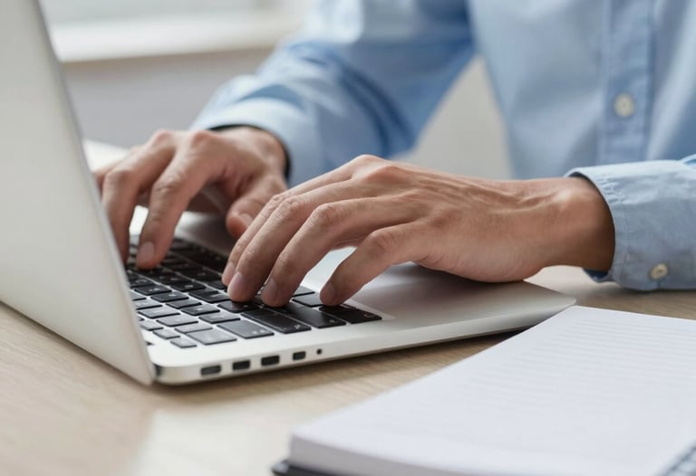 Close-up photography of a professional's hands working on a sleek laptop and a notepad in a bright office environment. The palette includes light blue and white tones. The focus is on precision and detail, reflecting a data-driven work style.