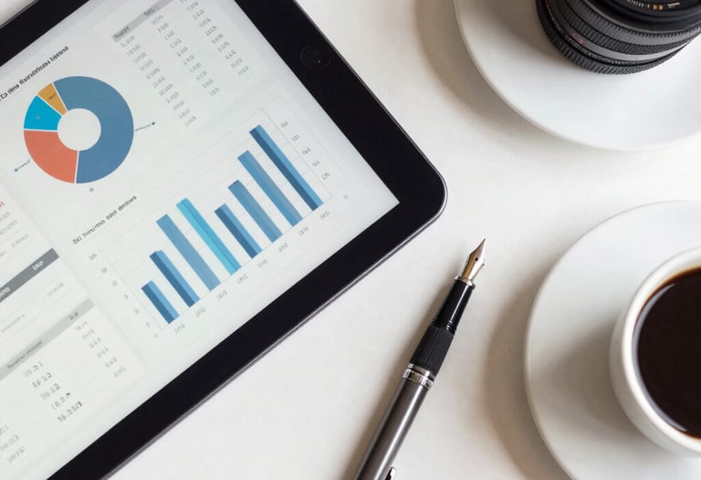 An overhead shot of a clean desk featuring a tablet displaying professional data graphs, a fountain pen, and a cup of coffee. The aesthetic is modern and organized, using navy blue and off-white colors. High-impact professional atmosphere.