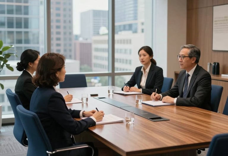 A high-end photography shot of a professional boardroom meeting in a North American corporate office. The setting is modern with a large wood table, comfortable navy blue chairs, and a blurred view of a city through floor-to-ceiling windows. Natural light fills the room.