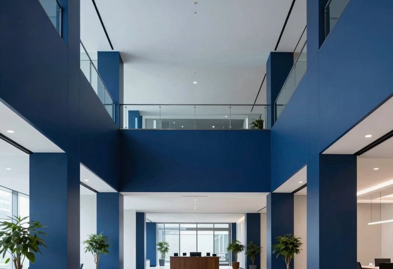 A professional shot of a modern office lobby with high ceilings and minimalist decor. The color scheme is dominated by navy blue and pale blue. The composition is symmetrical and clean, suggesting order and strategic insight. North American / US location.