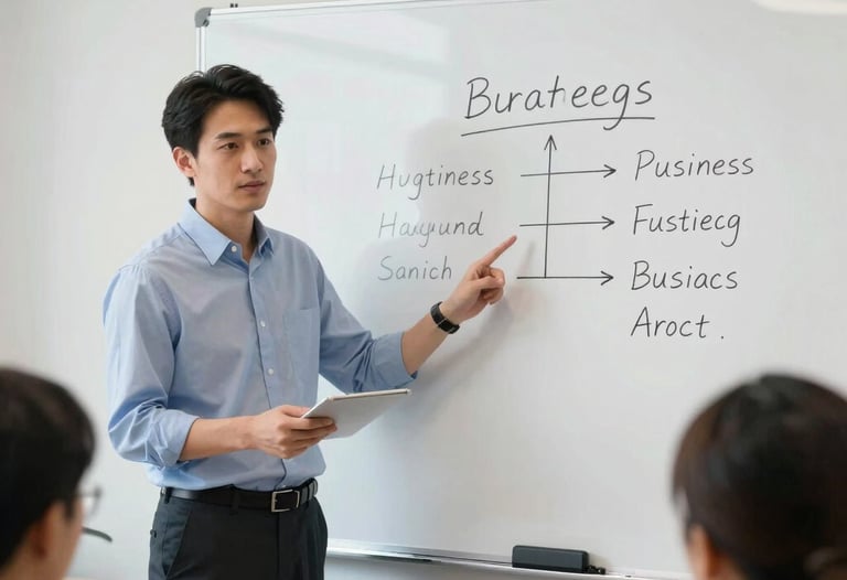 A professional portrait of a consultant pointing at a clean whiteboard in a bright, modern meeting room. The whiteboard contains neatly written business terms and arrows. The focus is on the interaction and the clear communication of strategy.