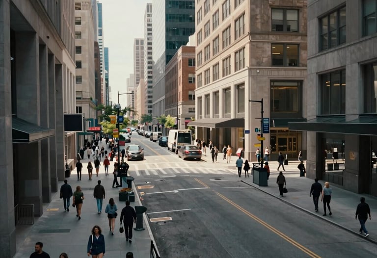 A high-angle shot of a busy urban street in a North American business district during a clear day. The architecture is modern, and people are moving with purpose. The composition is dynamic yet organized, reflecting the business transformation theme.