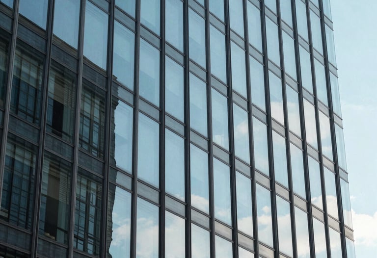 A close-up of a glass facade of a modern corporate building reflecting a clear blue sky. The lighting is bright and natural. The image represents transparency and modern strategic insight.