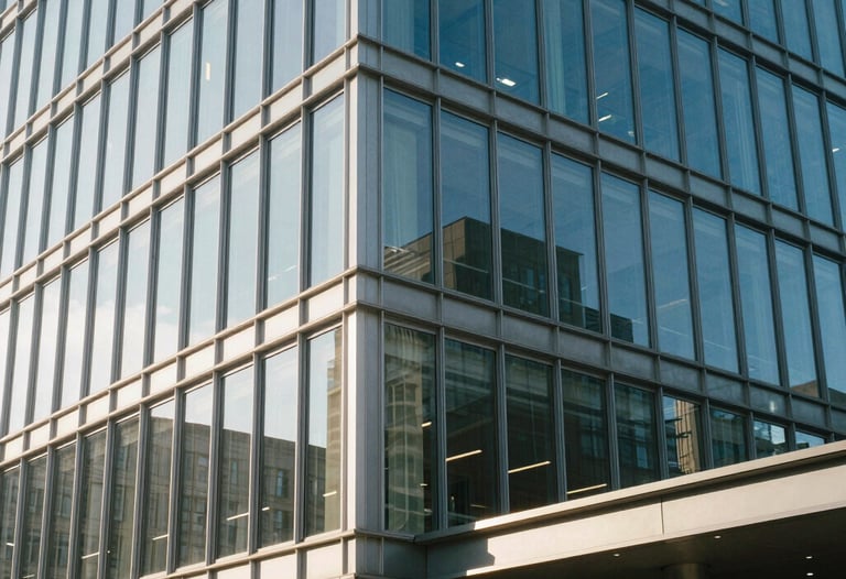 A clean, architectural shot of a contemporary office building exterior with glass and steel elements. The lighting is crisp morning light, reflecting a sense of clarity and professional expertise. Located in a North American urban center.