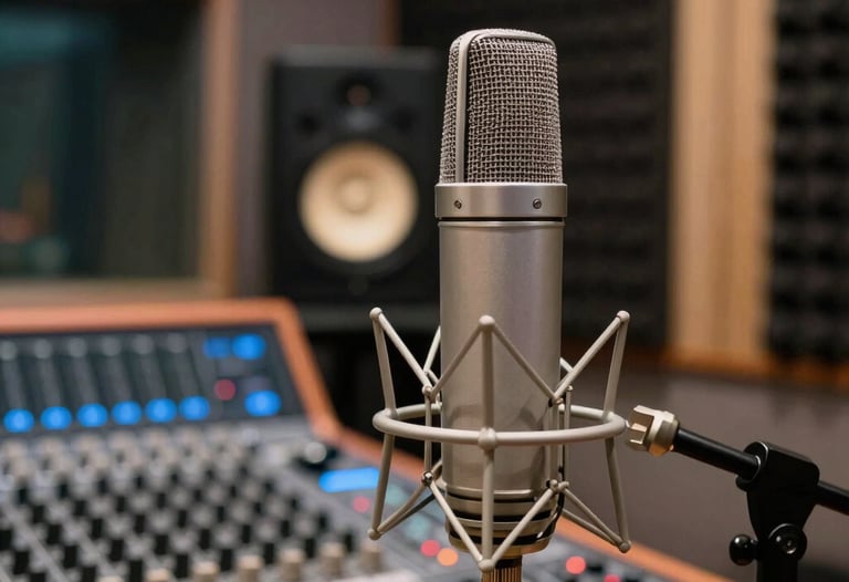A close-up shot of a high-end music recording studio. A sleek microphone stands in front of sound-absorbing foam, with soft steel blue and orange ambient lighting illuminating a professional mixing console in the background. African / Pan-African context.