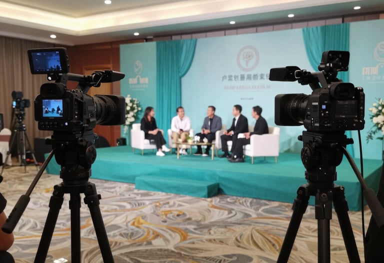A wide shot of an event venue during a live stream setup. Multiple professional cameras are positioned to capture a panel discussion on a stage decorated with elegant teal fabrics.