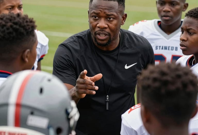 A close-up photograph of a youth football coach, an African / Pan-African man, passionately explaining a play to a group of attentive young players on a grassy field.