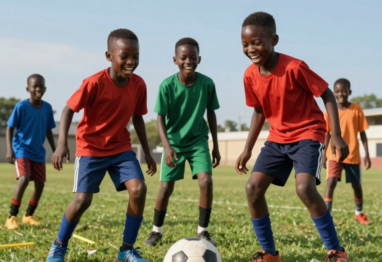 A medium shot of young African / Pan-African kids laughing and practicing football drills on a lush green field under a clear blue sky, capturing a moment of pure joy and potential.