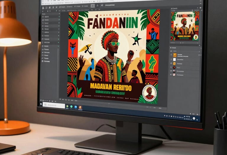 A high-end graphic design workstation showing a large monitor with a colorful African / Pan-African event poster in progress. A professional stylus and tablet are on the desk beside an orange lamp.