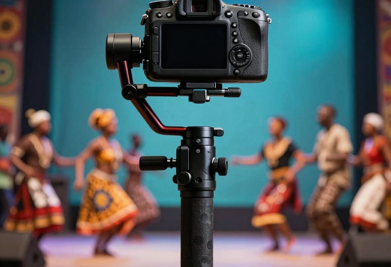 A detailed shot of a professional DSLR camera on a stabilizer, capturing a live cultural dance performance on a stage with teal and steel blue backlighting. African / Pan-African venue.