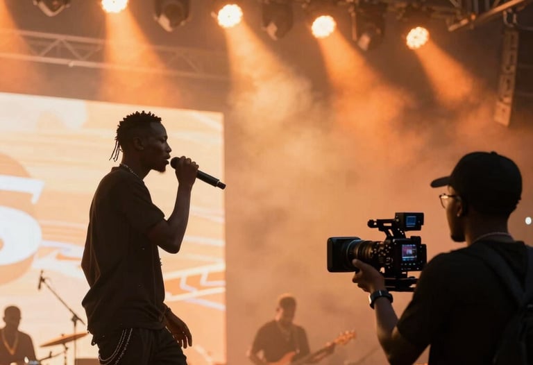 A dynamic shot from the side of a stage at a music festival. A performer is silhouetted against a wall of bright orange stage lights while the camera operator in the foreground focuses the shot. African / Pan-African context.