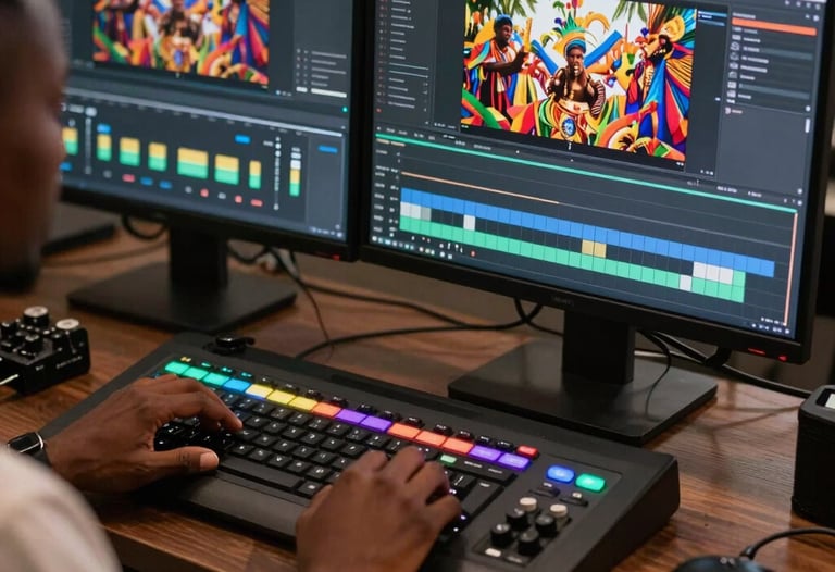 A close-up of a high-end video editing suite. An African / Pan-African professional is using a color-grading console to edit a vibrant festival video on a dual-monitor setup.