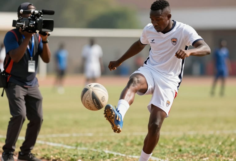 An action photo of a football tournament on a sunny day. A player is mid-kick while a cameraman on the sideline follows the ball. African / Pan-African setting.