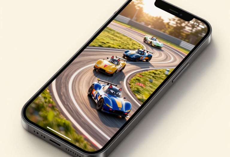 A high-resolution photograph of a smartphone displaying a colorful race track with stylized cat racers. Soft cream background and warm sunlight.