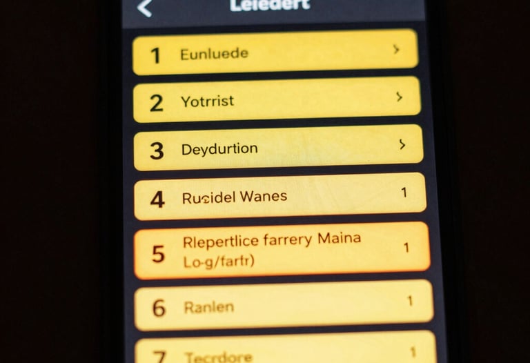 A high-contrast photograph of a smartphone screen showing a global leaderboard in a game. Bright yellow and orange highlights on a dark background.