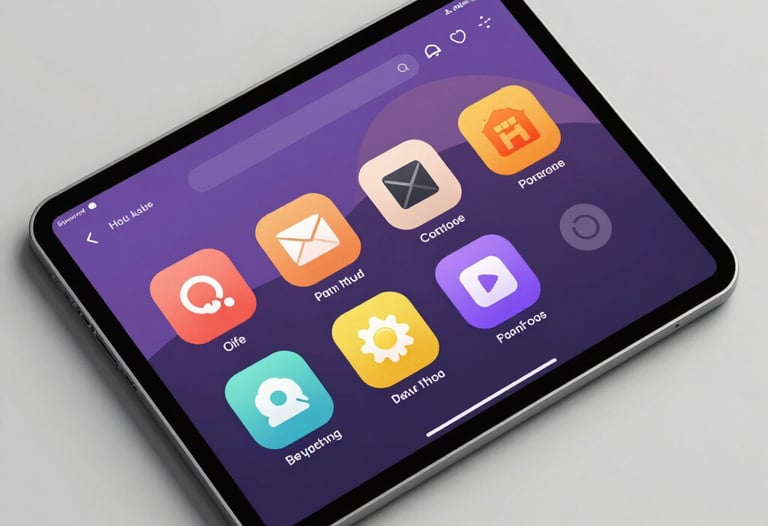 A top-down studio shot of a modern tablet showing a polished user interface for a mobile game, featuring stylized icons and soft purple and orange tones. North American / Global tech aesthetic.