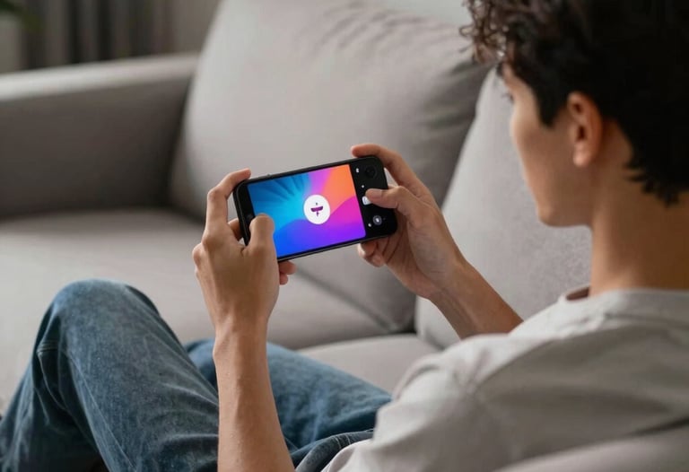 A lifestyle shot of a person sitting on a modern sofa in a North American / Global home, holding a phone horizontally while gaming. Vibrant screen glow on their face.