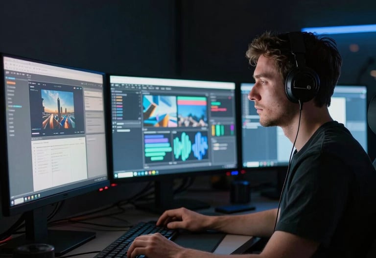 A cinematic side-profile shot of a game developer working in a dark room illuminated by the glow of three screens. High tech, professional North American / Global freelancer aesthetic.