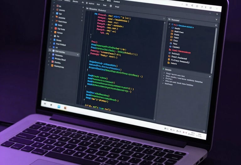 A professional photograph of a laptop screen showing a real-time multiplayer networking console with lines of code. Moody navy and purple lighting.