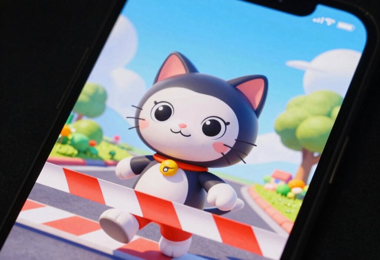 A detailed studio close-up of a smartphone screen showing a cartoon cat character crossing a finish line. Vibrant colors and high-quality game assets. North American / Global market style.